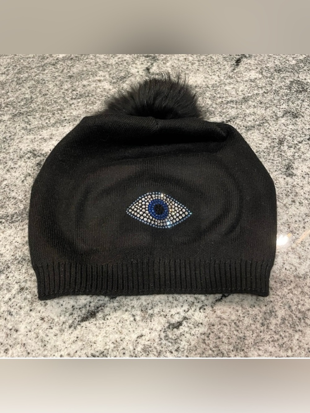 New Custom Designed Black Pom Slouchy Beanie with Crystal Evil Eye